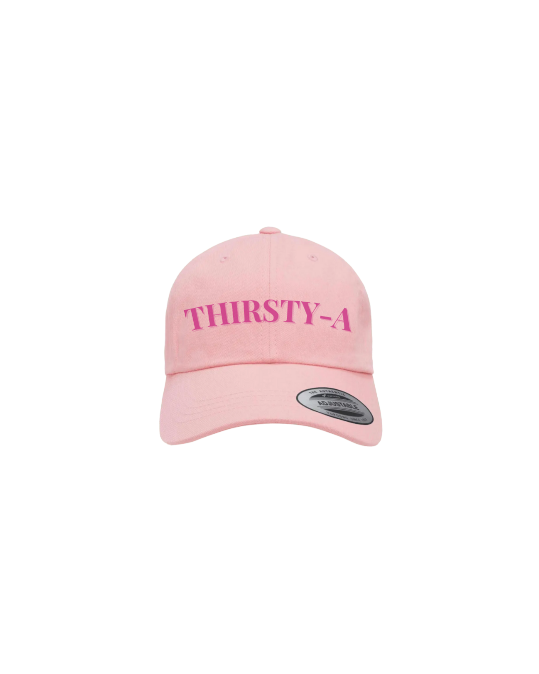 Thirsty-A™ Pink Dad Cap with Fuchsia Lettering – Dune + Tide on a White Background