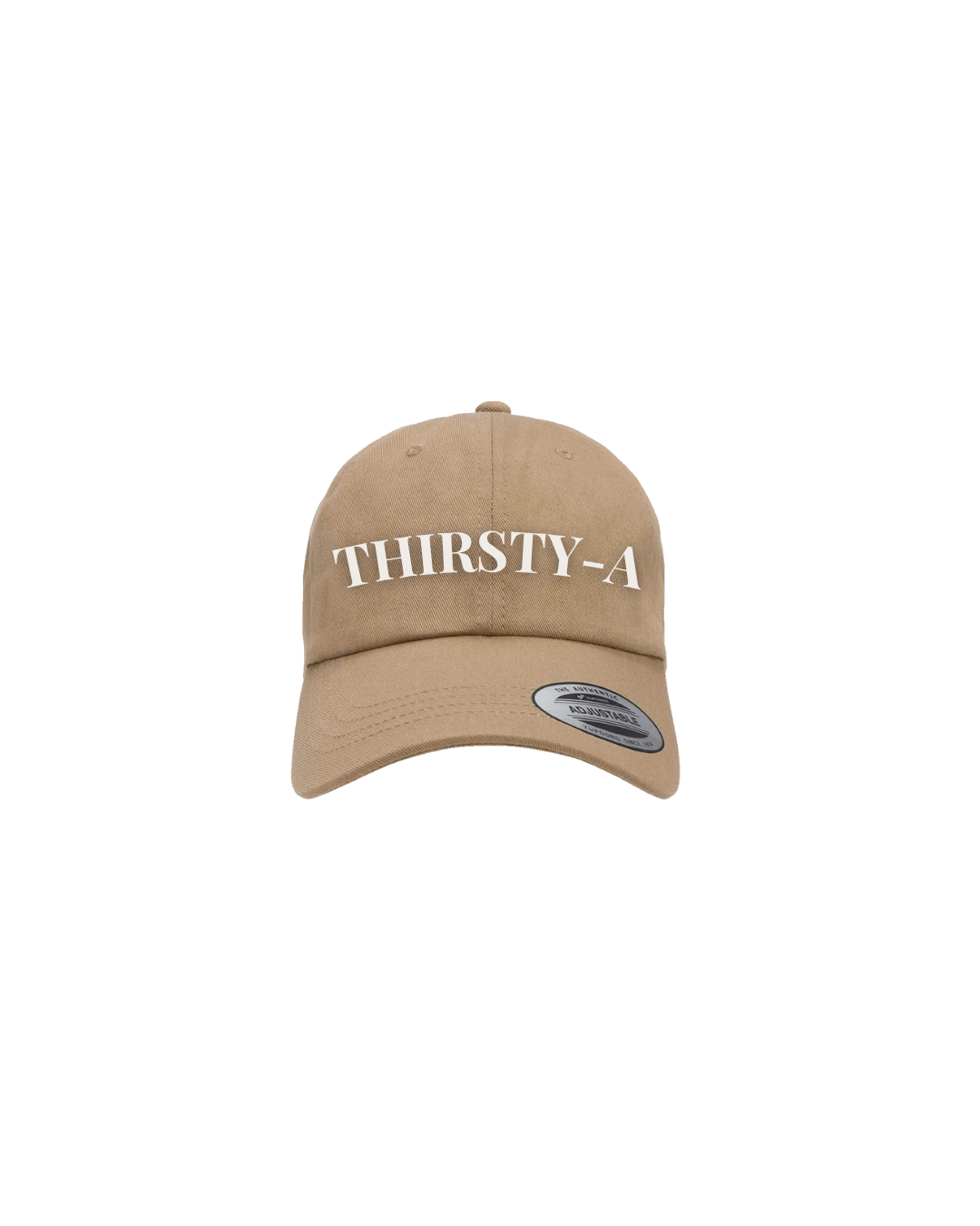 Khaki Thirsty-A™ Dad Cap with white embroidery – laid-back beachwear hat from Dune + Tide on a White Background