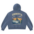 First Light Hoodie by THIRSTY-A in Washed Blue, back view.