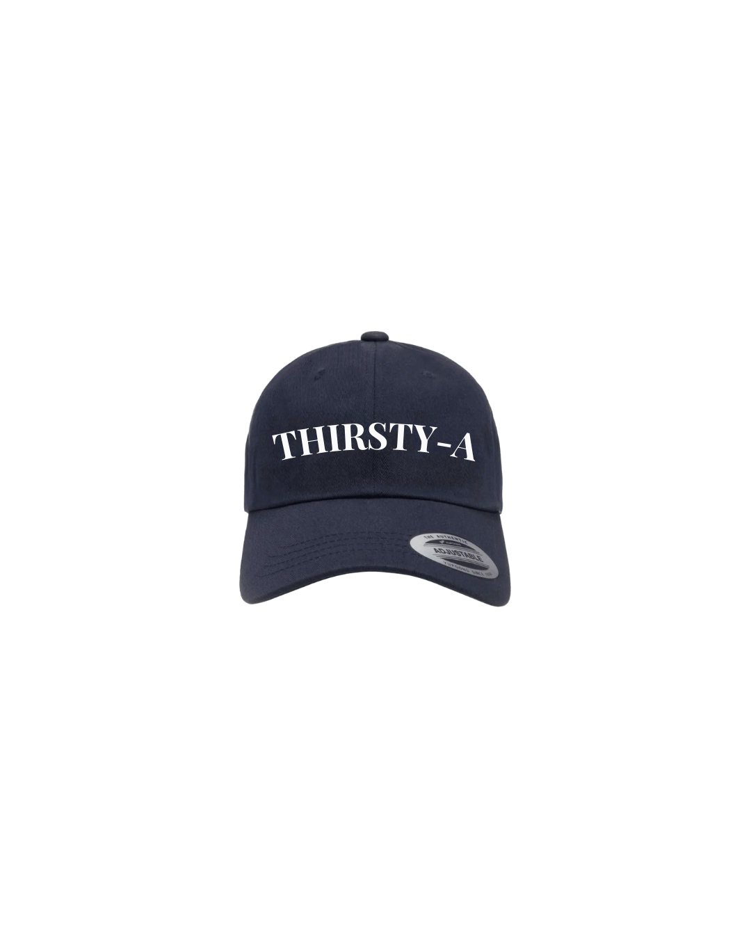 Thirsty-A™ Navy Dad Cap with White Lettering – Dune + Tide on a White Background