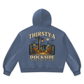 Dockside Social Club Hoodie by THIRSTY-A in Washed Blue, back view.