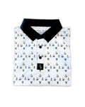 White shirt with black pattern and black collar on a white background