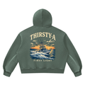 First Light Hoodie by THIRSTY-A in Washed Green, back view.