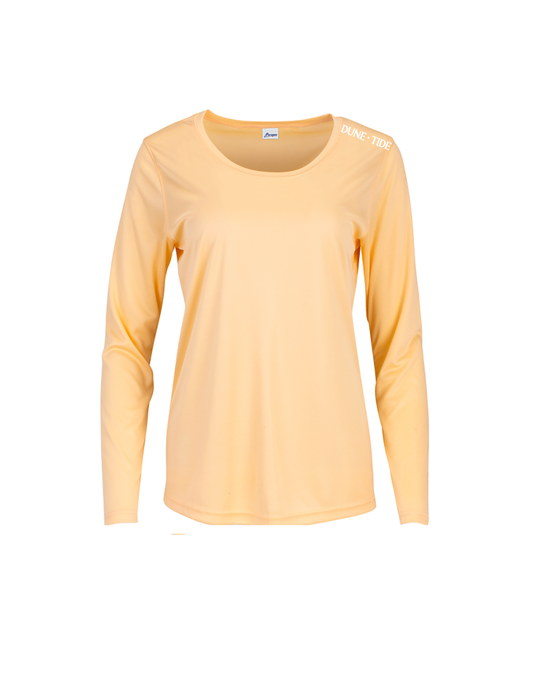 Peach women’s long-sleeve Dune + Tide top with shoulder logo