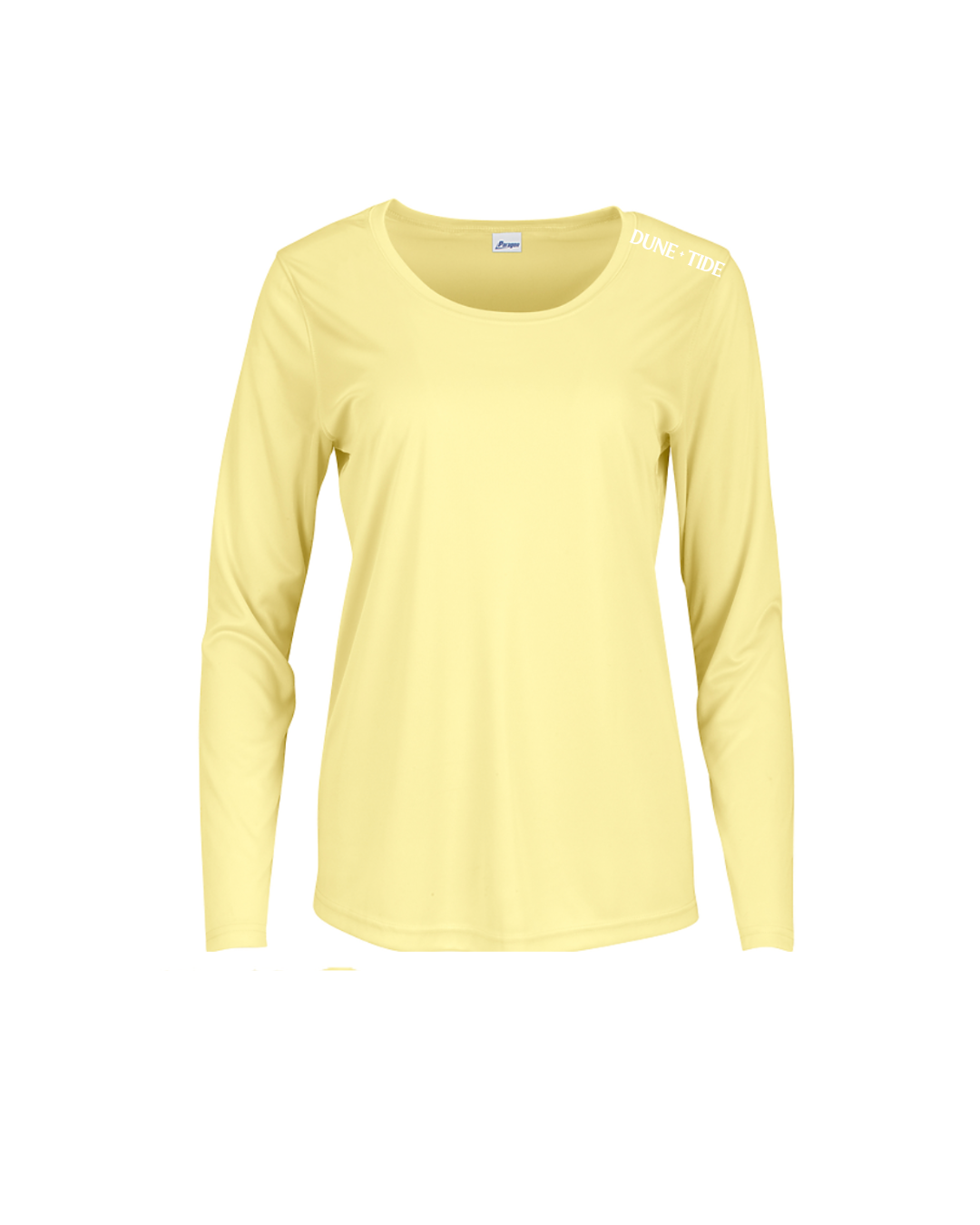 Yellow women’s long-sleeve Dune + Tide performance top with shoulder logo