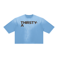 Stacked Wordmark Sunfade Tee by THIRSTY-A in Sky Blue, front view.