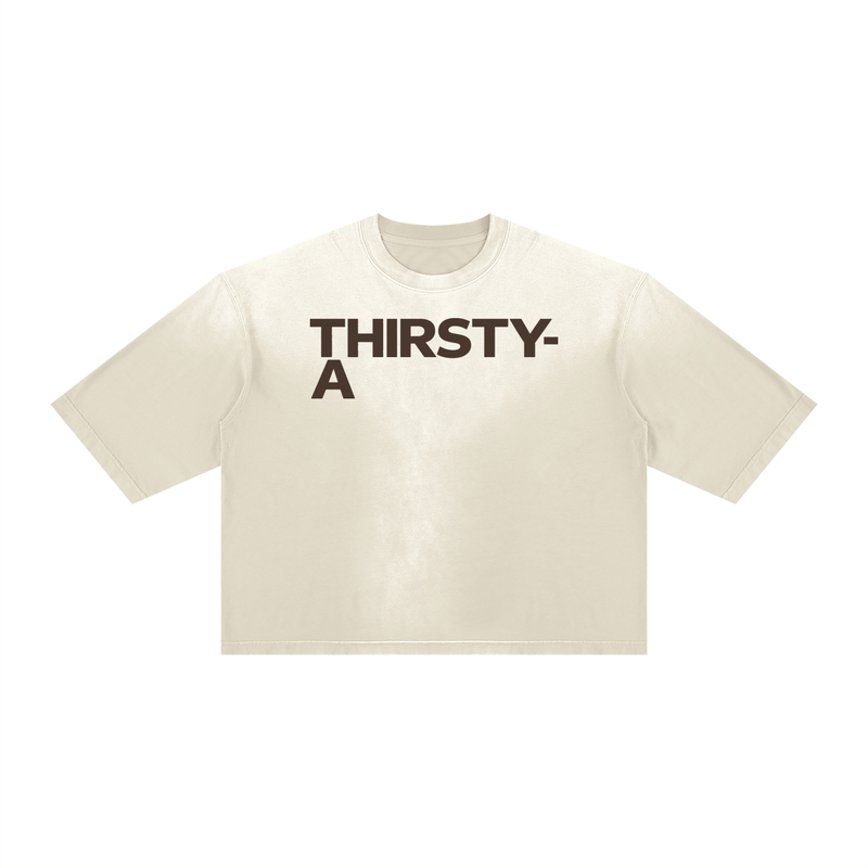 Stacked Wordmark Sunfade Tee by THIRSTY-A in Apricot, front view.