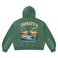 First Light Hoodie by THIRSTY-A in Dark Green, back view.
