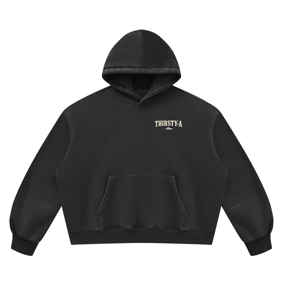 First Light Hoodie by THIRSTY-A in Black, front view.