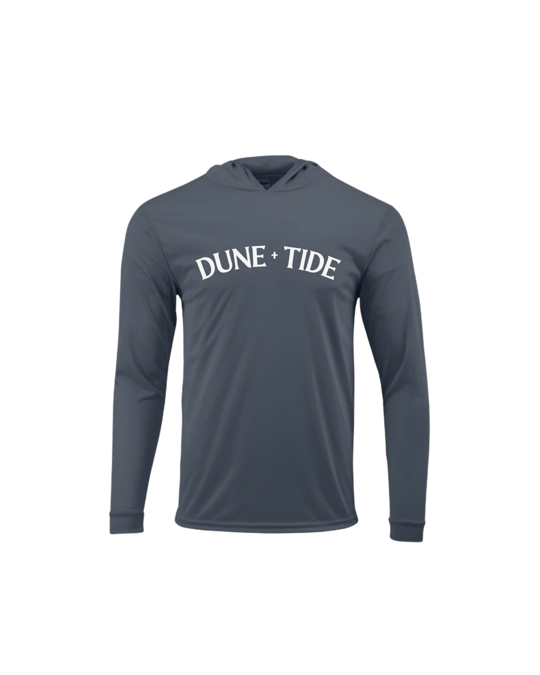 Graphite gray Dune + Tide performance hoodie with white front logo