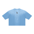 Stacked Wordmark Sunfade Tee by THIRSTY-A in Sky Blue, back view.