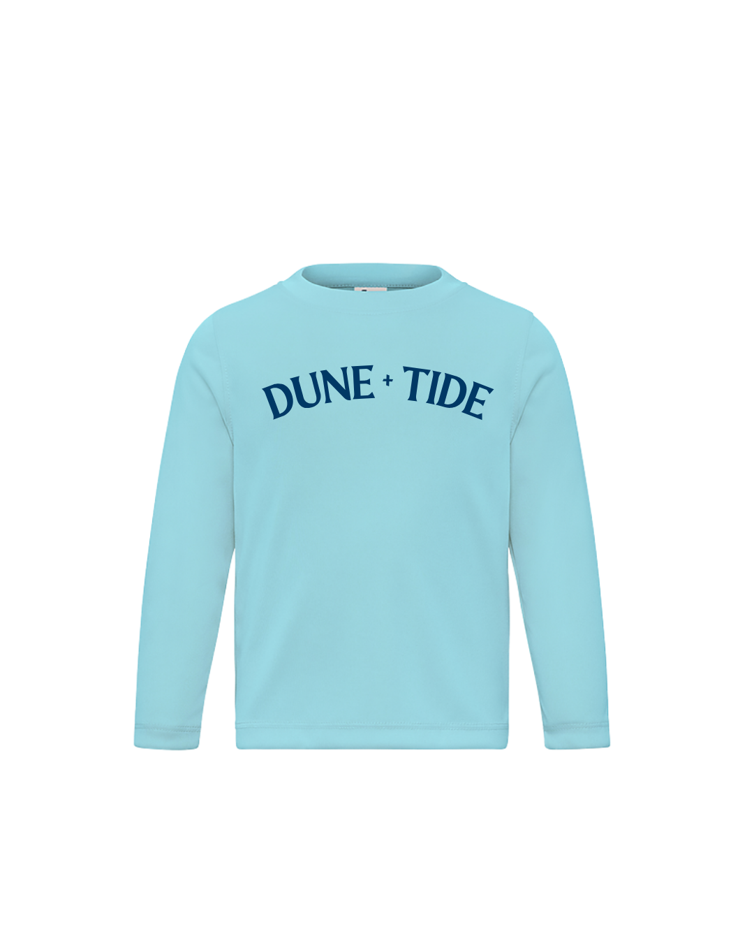 Youth aqua blue long-sleeve performance shirt with DUNE + TIDE logo on chest